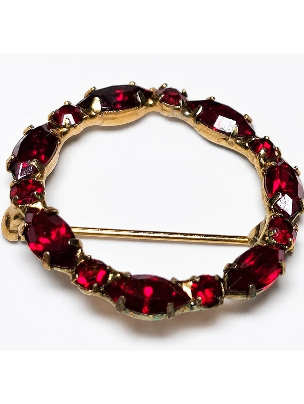 Vintage Garnet Red Rhinestone Circle Brooch Gold Tone Pin 1
